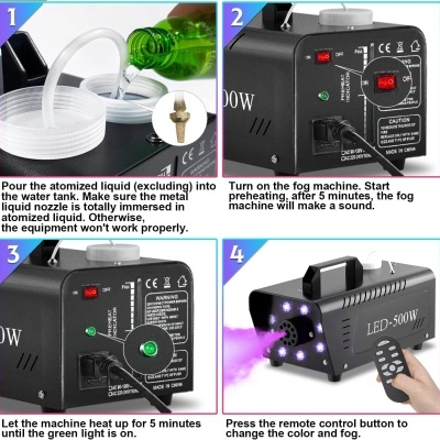 Máquina de nevoeiro LED-500W preta com controlo remoto, instruções visuais em quatro etapas.
