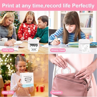 Fotos de crianças e adulto usando impressora portátil branca em diferentes ambientes com textos em inglês sobre uso e portabilidade.