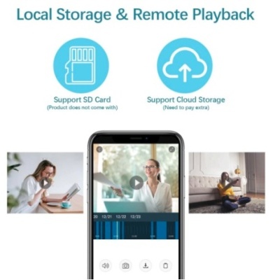 Promoção de aplicação de câmara para smartphone mostrando suporte a cartão SD e armazenamento na nuvem