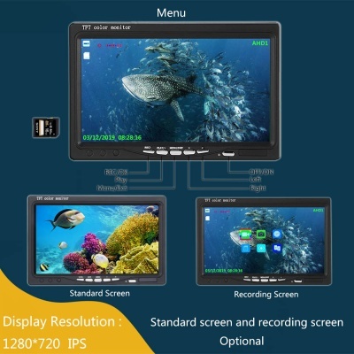 Monitor TFT colorido mostrando imagens subaquáticas com menus em inglês