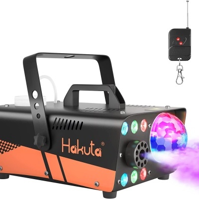 Máquina de fumo preta e laranja com luzes LED coloridas e telecomando