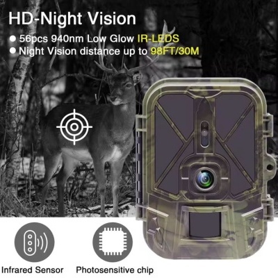 Câmara de vigilância com camuflagem verde, texto sobre visão noturna e ícones de sensor infravermelho e chip fotossensível