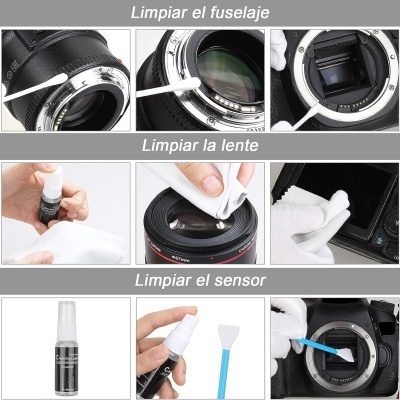 Passos para limpar uma câmera DSLR e lentes com diferentes ferramentas de limpeza.