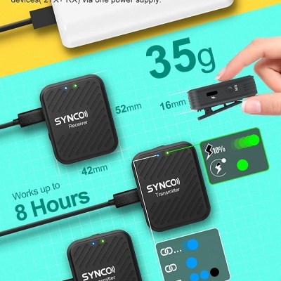 Três dispositivos SYNC01 preto com LEDs e cabos, fundo amarelo e azul com texto em inglês sobre suas dimensões e tempo de uso.