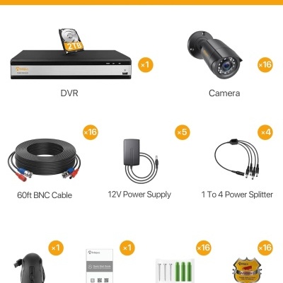 Conteúdo da embalagem sistema de segurança com DVR, câmaras, cabos, fonte de alimentação, divisores, rato USB, manual, parafusos, autocolantes