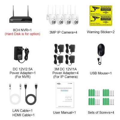 Kit de segurança com NVR, câmaras, adaptadores, cabos, rato USB, autocolantes de aviso, manual e parafusos
