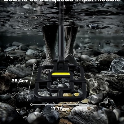 Bobina de busca impermeável submersa entre pedras e moedas