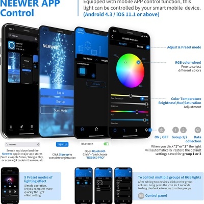 Interface da aplicação móvel NEEWER APP Control para controlo de luzes LED RGB em smartphones