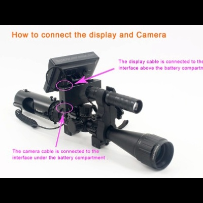 Dispositivo óptico com visor e lente com instruções de conexão em inglês