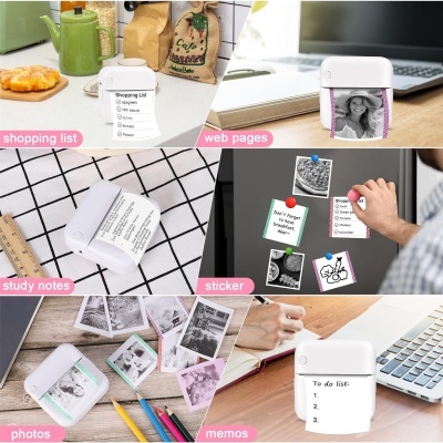 Pequena impressora branca a imprimir vários tipos de conteúdo, lista de compras, fotos, notas, autocolantes, em vários ambientes de trabalho e estudo.
