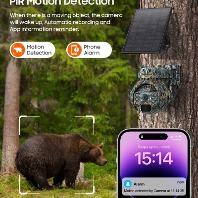 Câmera de deteção de movimento com painel solar numa árvore e notificação no smartphone