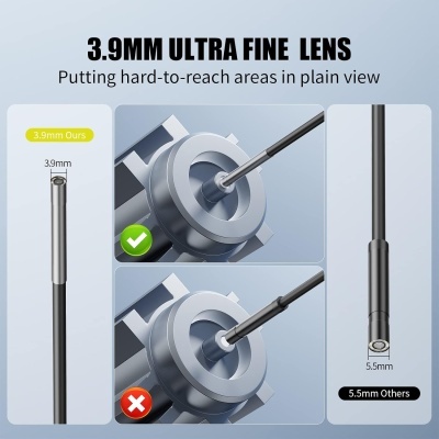 Dispositivo com lente ultra fina de 3.9mm versus lente de 5.5mm mostrando acesso a áreas difíceis