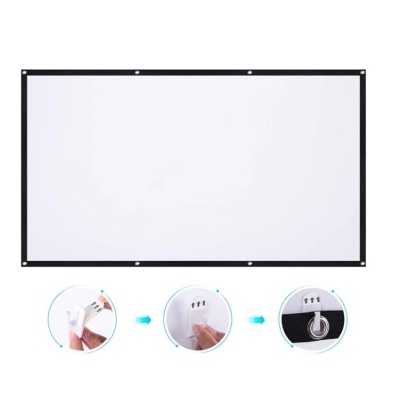 Ecrã de projeção branco com moldura preta e instruções de fixação ilustradas