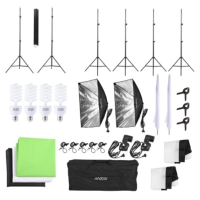 kit de iluminação fotográfica com tripés, lâmpadas, softboxes, sombrinhas, grampos e bolsa