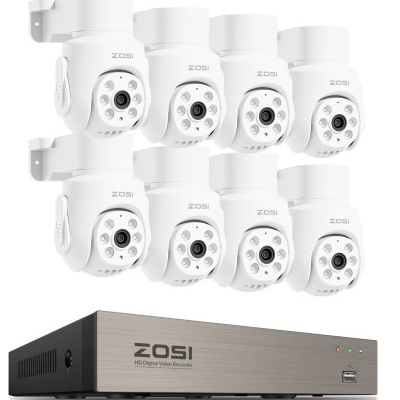 Câmaras de vigilância brancas ZOSI com gravador digital de vídeo HD cinza e preto.