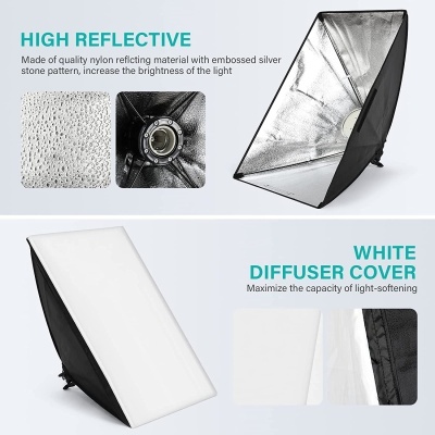 Softbox fotográfico retangular com interior prateado e capa difusora branca