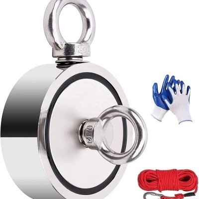 imã redondo de neodímio com argolas, luvas brancas com pontas azuis e corda vermelha com mosquetão