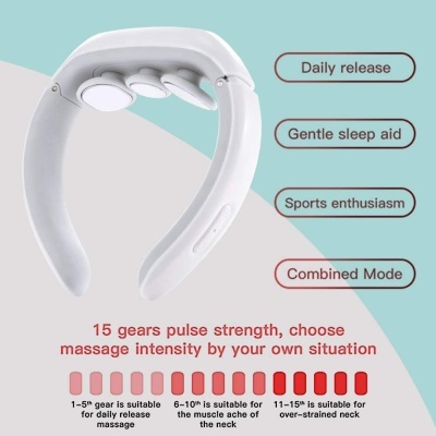 Dispositivo de massagem branco para pescoço com controle de intensidade e texto em inglês