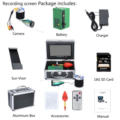 Conjunto de gravação com câmara, bateria, carregador, visor solar, cartão SD Sony 16G, caixa de alumínio, acessórios, comando e manual.