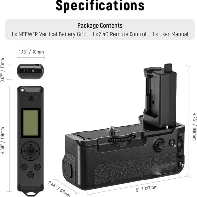 Especificações de empunhadura vertical para bateria NEEWER com comando remoto e manual