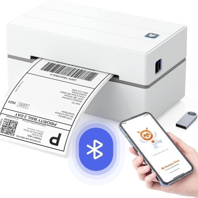 Impressora térmica branca a imprimir etiqueta com smartphone e símbolo Bluetooth ao lado