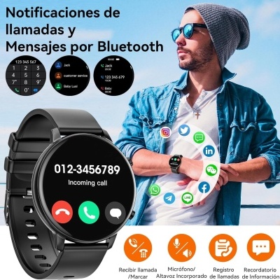 Relógio inteligente preto com funções de chamada e mensagens Bluetooth apresentado por homem com camisa azul