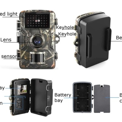 Câmera de caça camuflada com sensor, lente, display e compartimento para bateria