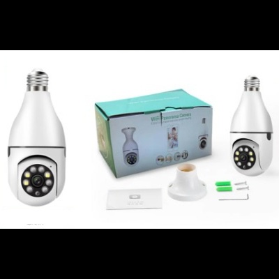 Câmera WiFi em formato de lâmpada com acessórios e caixa