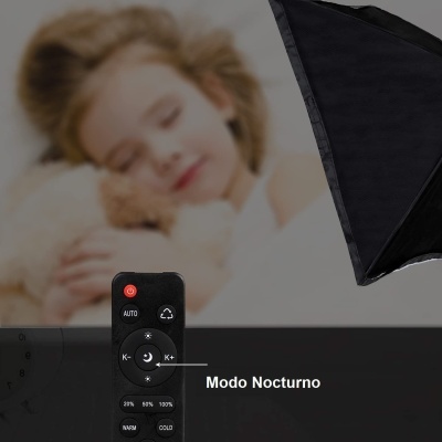 Estúdio fotográfico com sombrinha de luz, criança segurando urso de pelúcia e comando remoto com Modo Nocturno