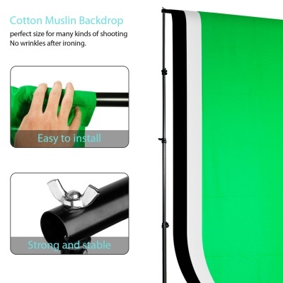 Fundos de fotografia em algodão musselina verde, branco e preto com suporte metálico