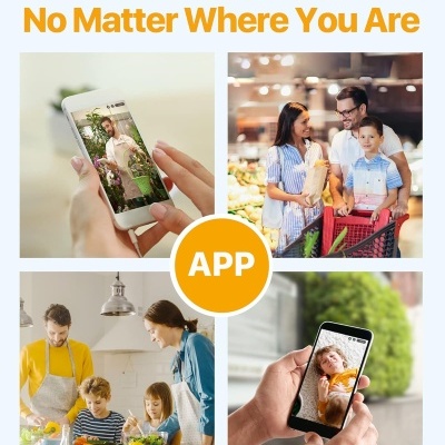 Imagem publicitária mostrando uso remoto de uma app com fotografias de pessoas em diferentes ambientes e telemóveis.