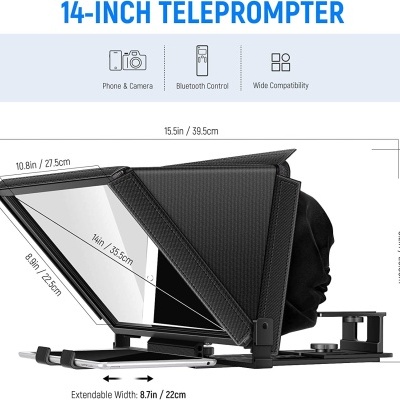 Teleprompter preto de 14 polegadas com medidas e ícones de compatibilidade