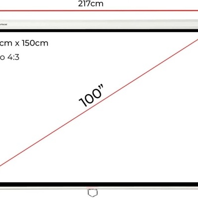 Ecrã de projeção branco com moldura preta e dimensões indicadas.