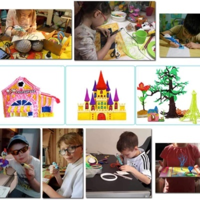 Crianças a fazer trabalhos manuais de artesanato com papel, cola e tesoura em diferentes contextos.