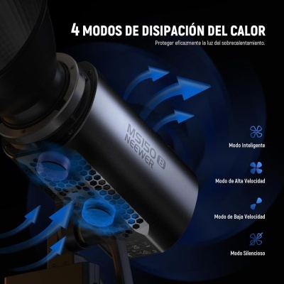 Produto cilíndrico metalizado MS1508 NEewer com modos de dissipação de calor indicados por setas azuis