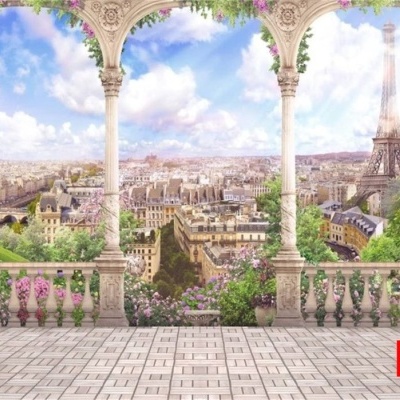 Varanda com colunas e vista panorâmica da Torre Eiffel em Paris