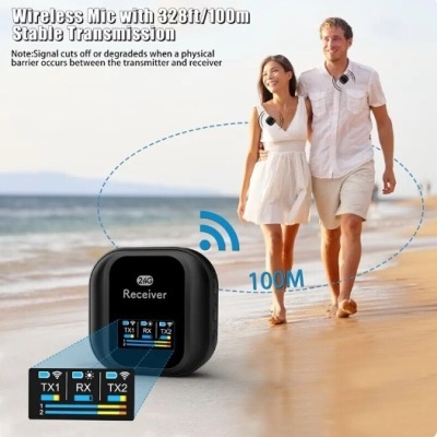 Recetor preto com ecrã colorido e texto, casal na praia ao fundo