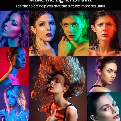 Rostos femininos iluminados com cores diferentes e texto promocional em inglês sobre luz e cor