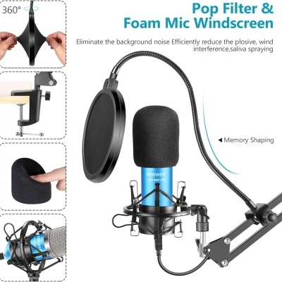 Microfone azul com filtro pop e espuma, suporte e braço articulado