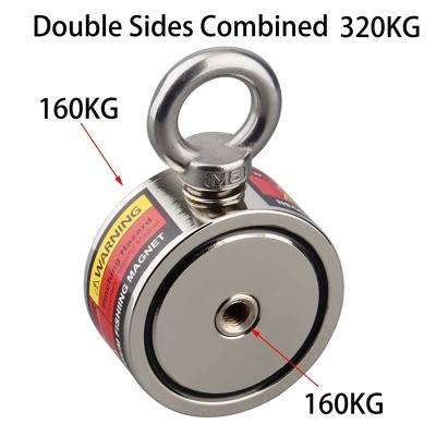 Imã de neodímio com argola e etiquetas de aviso e capacidade de peso