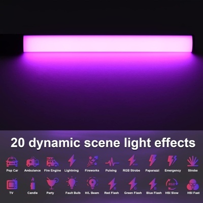 Barra de luz LED rosa com 20 efeitos dinâmicos ilustrados por ícones coloridos