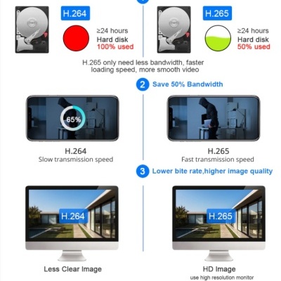 Infográfico comparativo dos formatos H.264 e H.265 com gráficos e textos explicativos