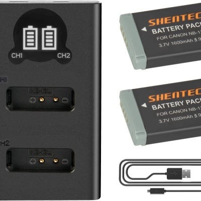 Carregador de baterias preto com ecrã digital, duas baterias para Canon NB-13L SHENTEC e cabo USB.