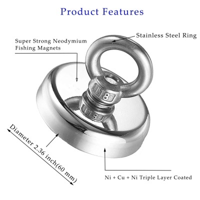 Imã de pesca prateado com anel de aço inox