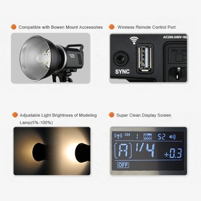 Fotos detalhadas de um equipamento de iluminação de estúdio fotográfico com visor digital e portas de conexão