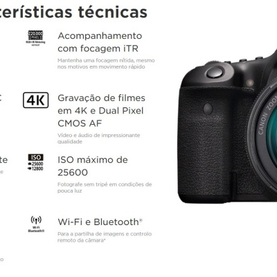 Câmara Canon EOS 90D preta com características técnicas descritas ao lado