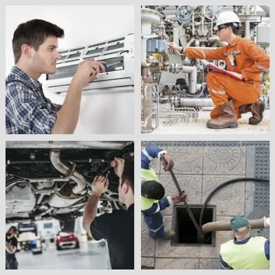Quatro trabalhadores em diferentes profissões: ar condicionado, indústria, mecânica automóvel e manutenção de esgotos