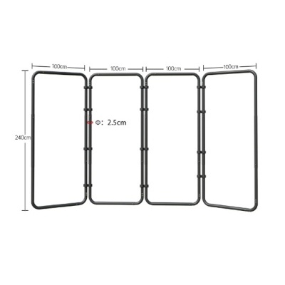 Estrutura modular metálica preta com quatro painéis e medidas indicadas