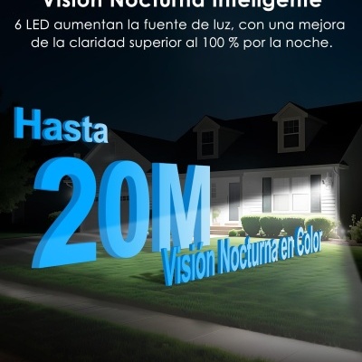 Casa iluminada à noite com texto em espanhol sobreposto sobre visão noturna inteligente e LEDs