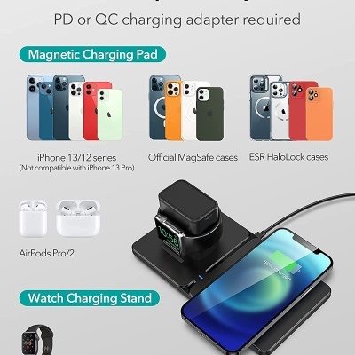 Carregador magnético e suporte para relógio com iPhone, capas e acessórios Apple.